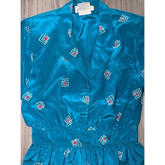 Petites for Maggy Vintage Teal Geometric Satin Midi Dress Size 4 Retro 80s G2 - Picture 5 of 10